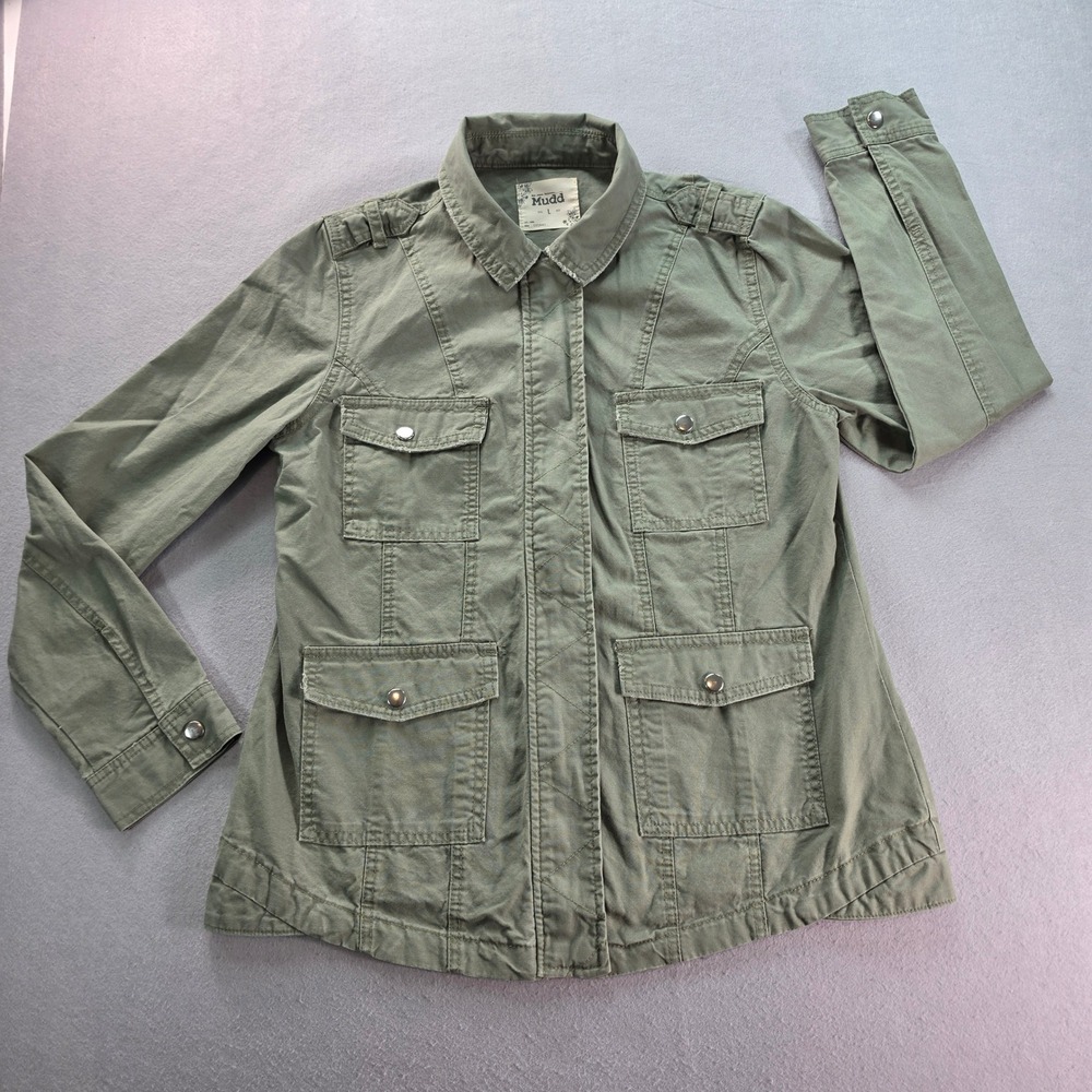 Mudd Womens Utility Jacket Olive Green Cotton Field Coat Large Full Zip Snap